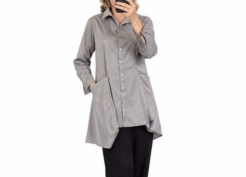 Comfy USA Women’s Gray Button Front High Low Tunic Shirt XS Pockets